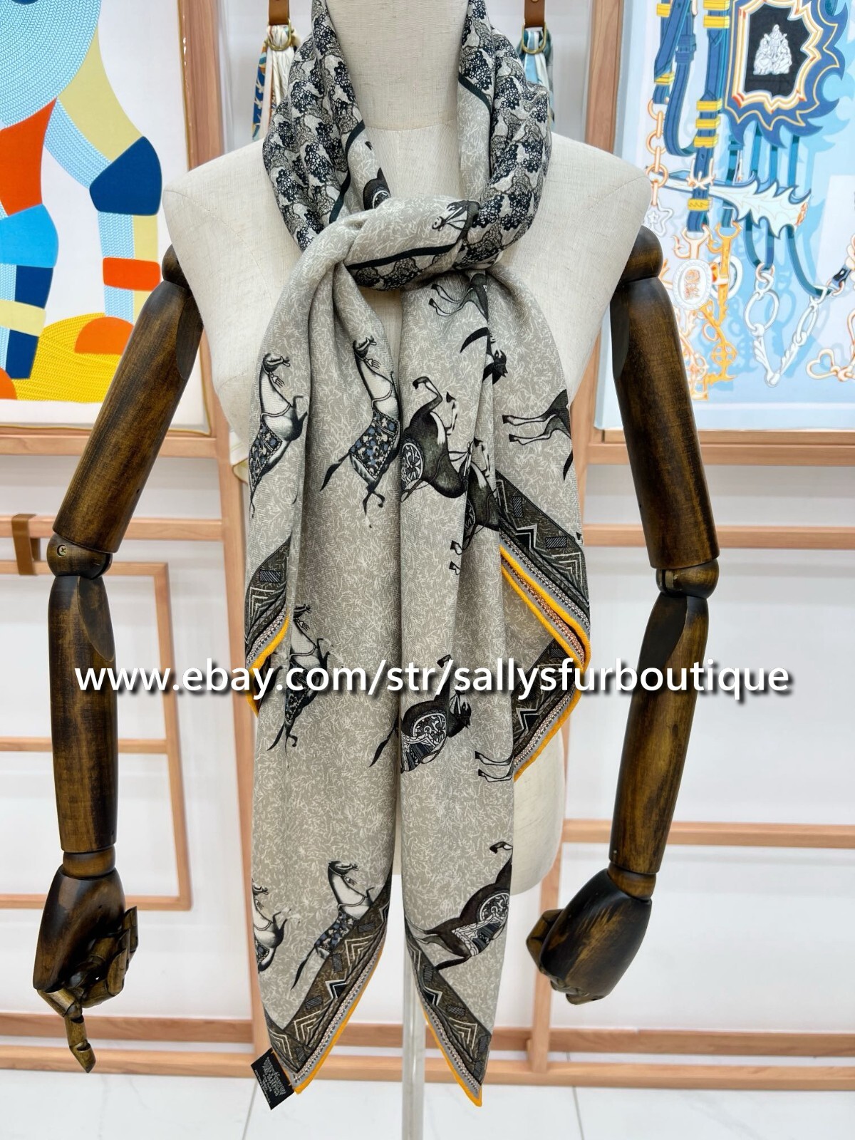 Sallys 70% Cashmere & 30% Silk Wrap Scarf Horses Print Double Face Shawl 53″