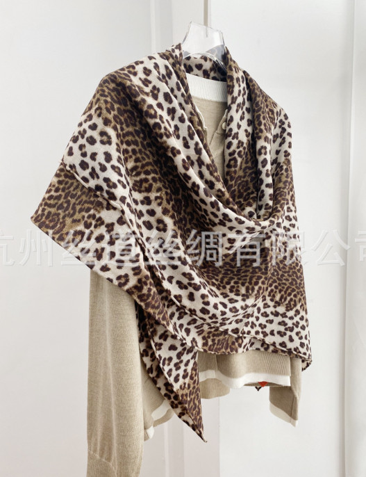 70% Cashmere 30% Silk Neckerchief Shawl leopard Print Bandana Scarf 53” Wrap
