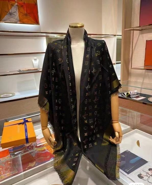 LOUIS VUITTON SCARF SHAWL PONCHO 100% AUTHENTIC CLASSIC SILK BLACK