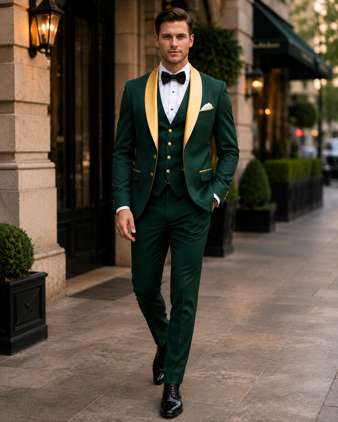Men Emerald Green Gold 3 Piece Tuxedo Suit Wedding Groom Prom Formal Party Wear