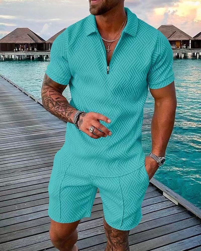 Mens Short Sets 2 Piece Outfits Pol Shirt Casual Short Sleeve and Shorts Set