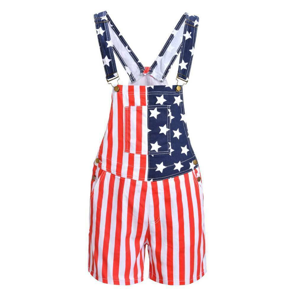Women’s & Men’s Overalls USA America Flag Print Bib Pants Jumpsuit Romper Shorts