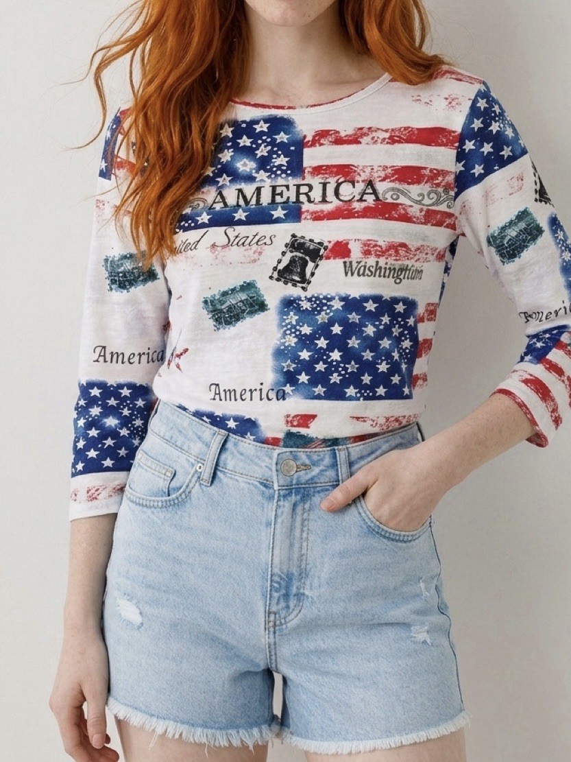 Collections Etc American Flag Knit T-Shirt White Red Blue Rhinestone Raglan – M