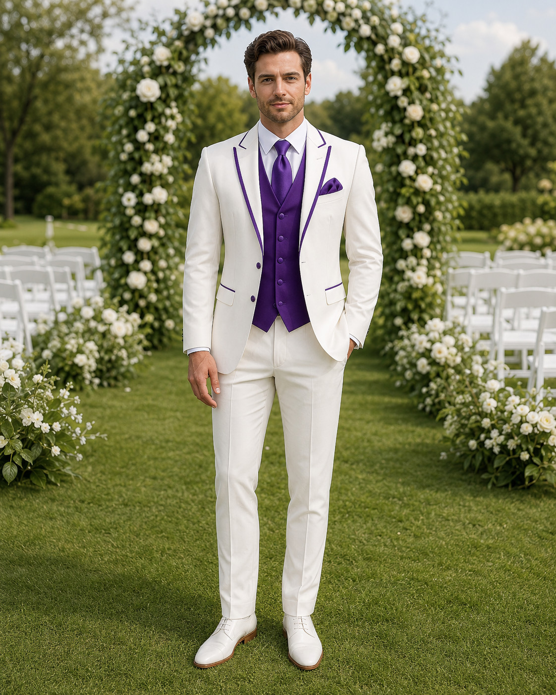 Mens White Purple 3 Piece Suit Blazer Vest Pants Wedding Groom Prom Formal Wear