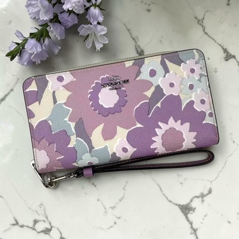 Coach Long Zip Around Wallet With Floral Print in Purple and Ivory CBN95