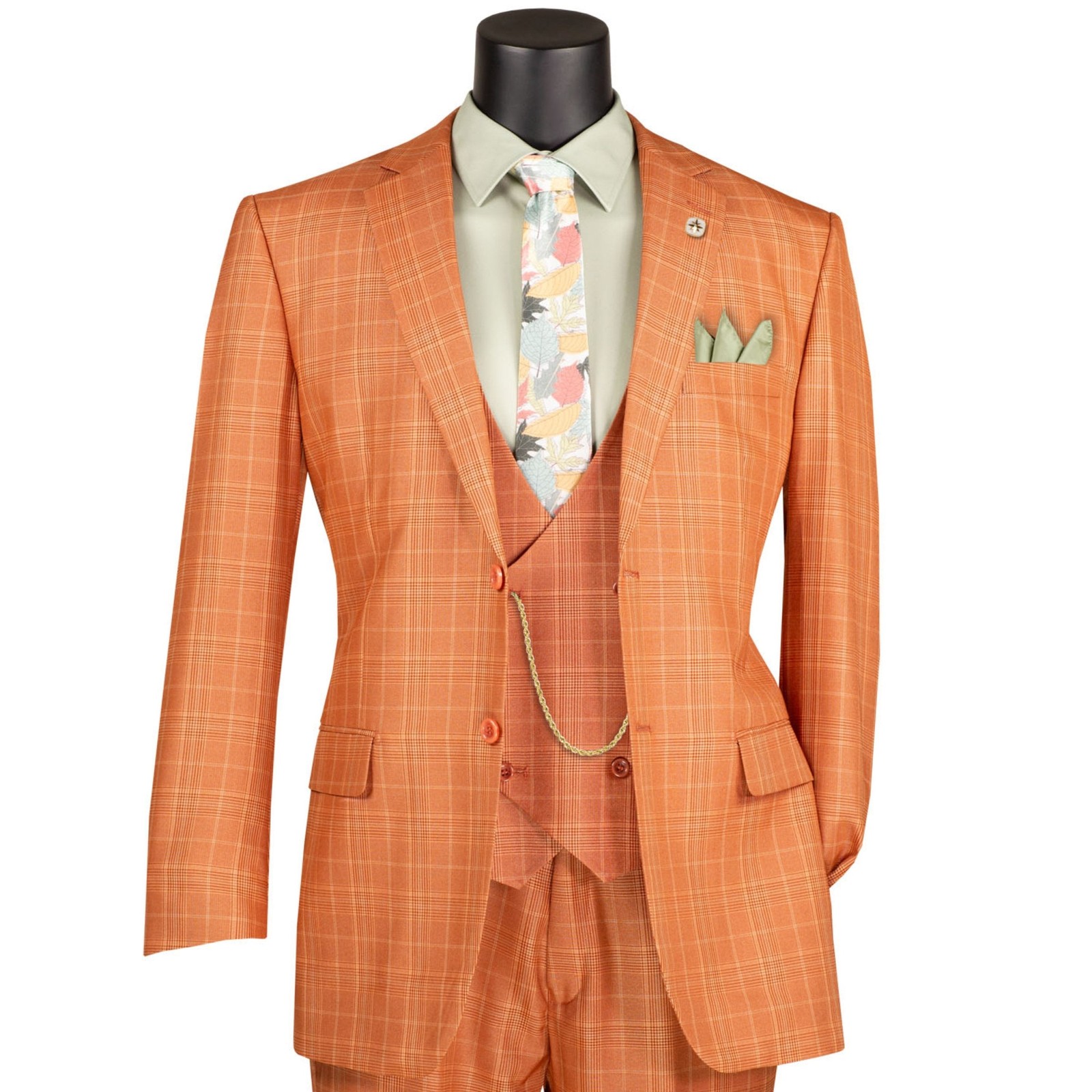 VINCI Men’s Rust Sharkskin Glen Plaid 3 Piece Classic Fit Suit – NEW