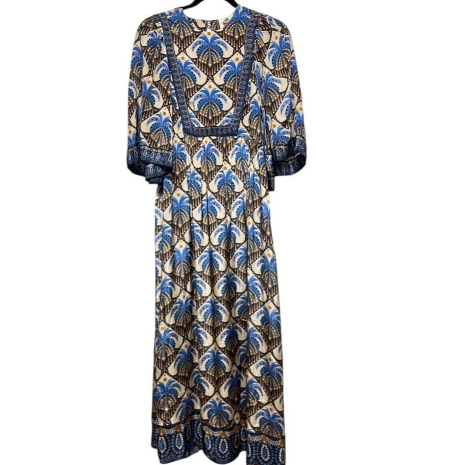 Farm Rio Cocopalm Long Dress with Flutter Sleeves in Blue, Beige, Brown Sz XS