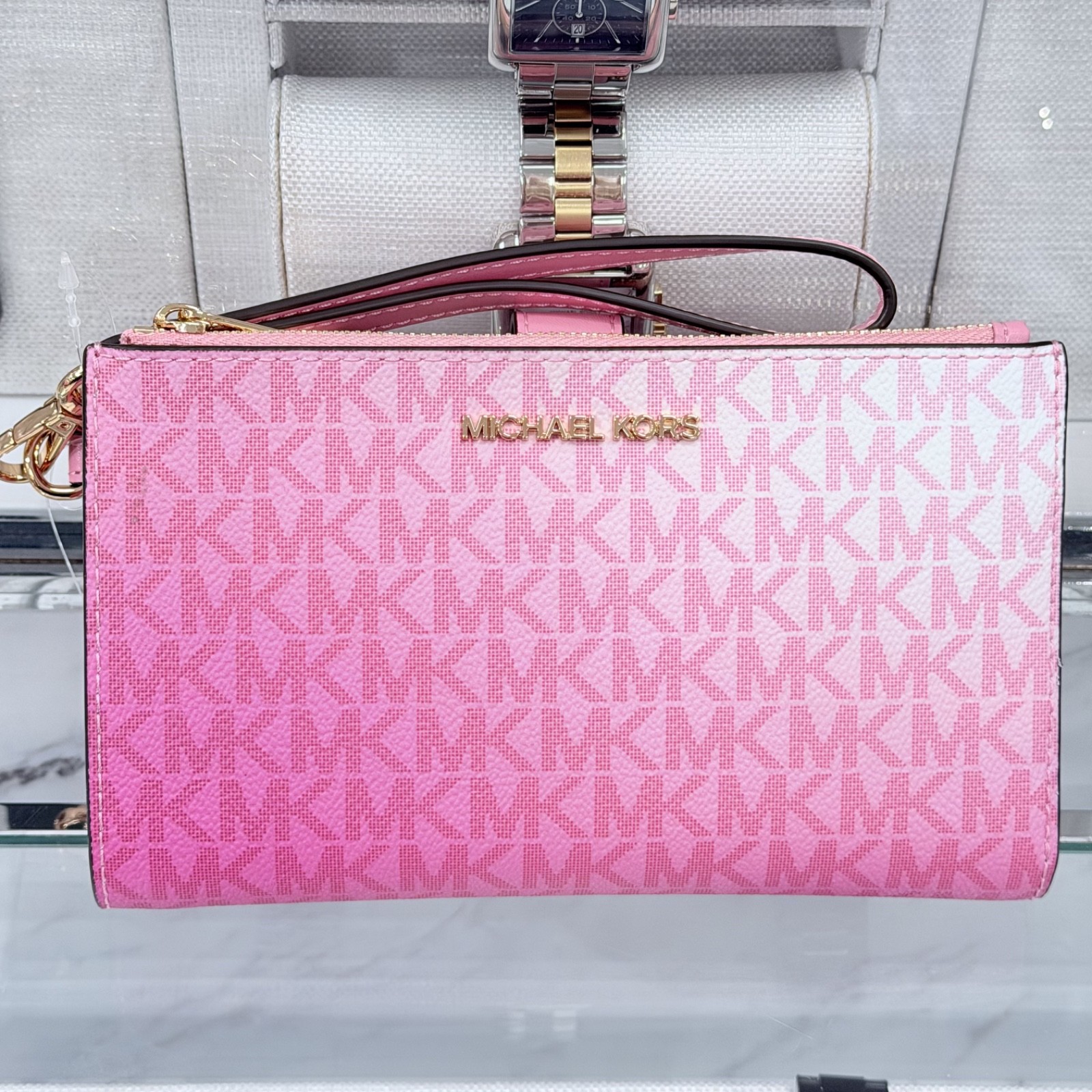 Michael Kors Jet Set Travel Double Zip Wristlet Wallet MK Logo Ombre Carnation