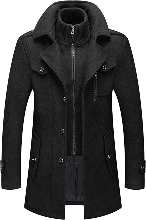 Men’s Thermal Single Breasted Wool Blend Coat Business Peacoat Detachable Zipper