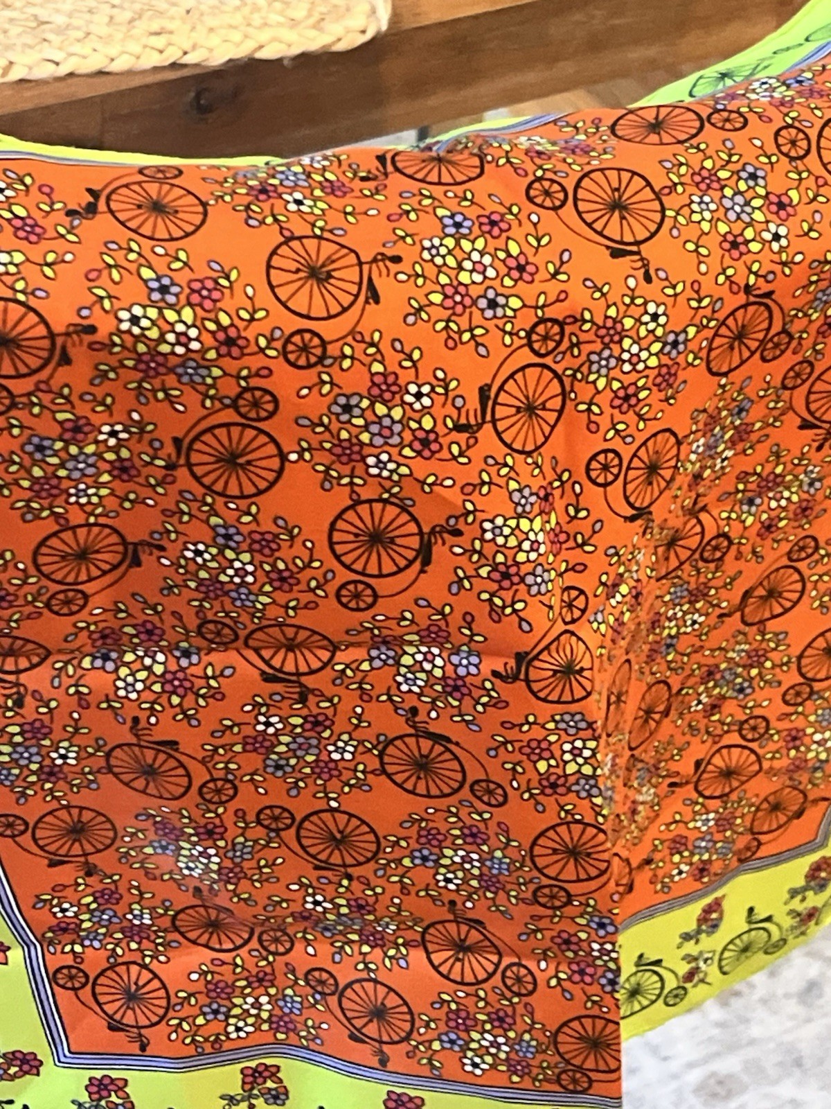 Vintage Italian 1970s Mod Bicycle & Floral Scarf – 19.5″ Square – Orange & Lime