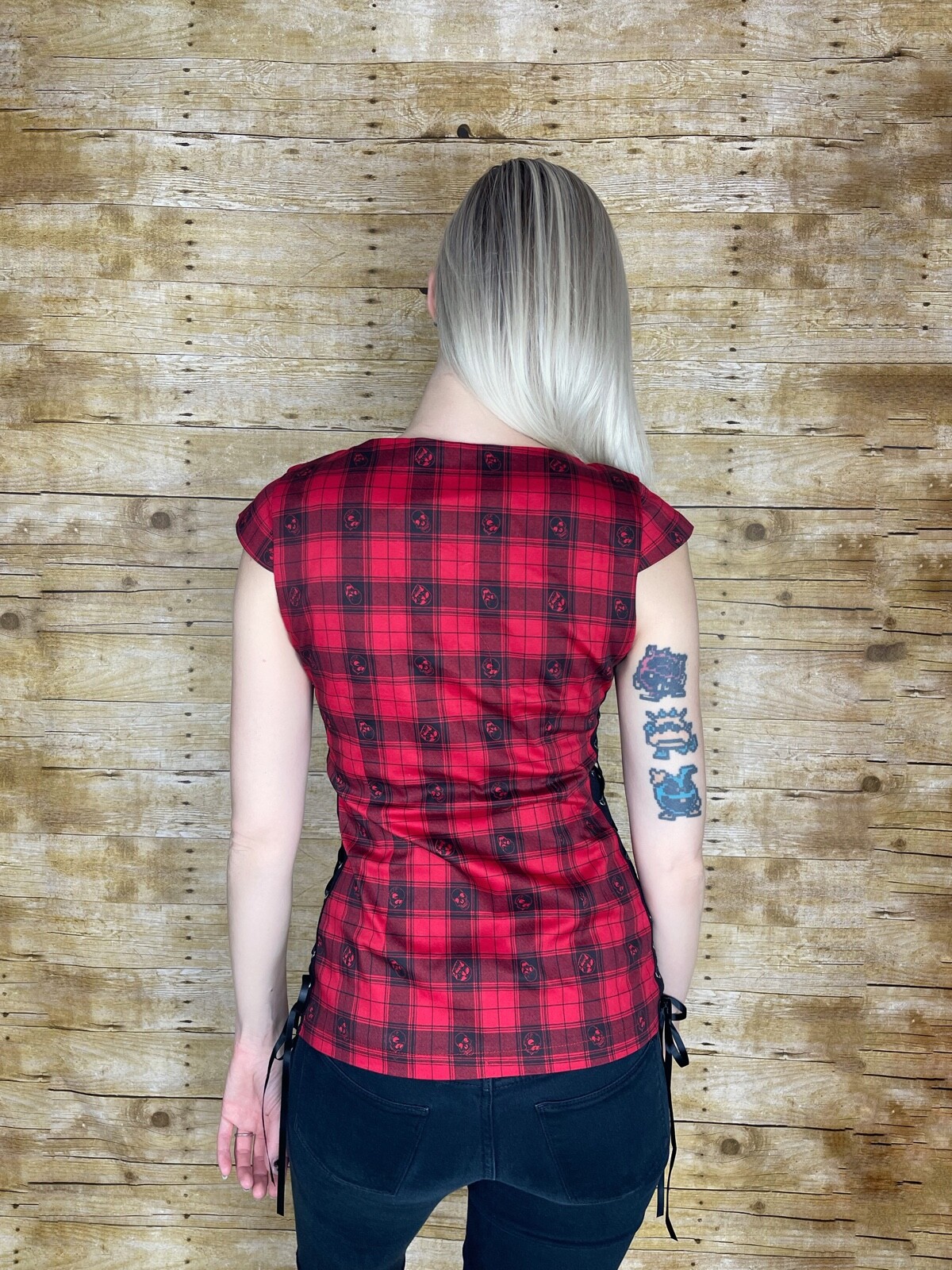 JAWBREAKER PUNK ROCK TATTOO SKULLS RED PLAID ME UP FRONT ZIP TOP SHIRT TPA1743