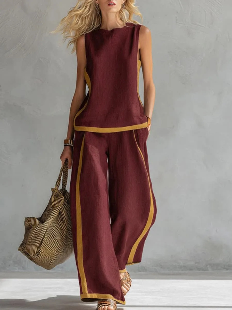 Simple Stripe Print Women’s Suits Sleeveless Blouse Wide Leg Pants Two Piece Set