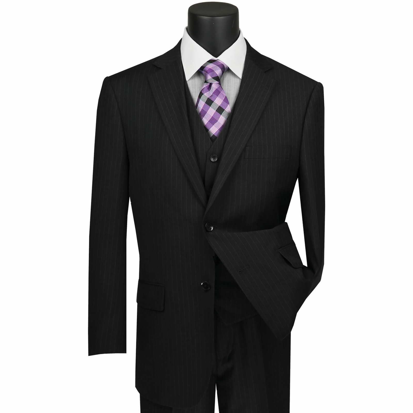 VINCI Men’s Black Pinstripe 3 Piece 2 Button Classic Fit Suit NEW