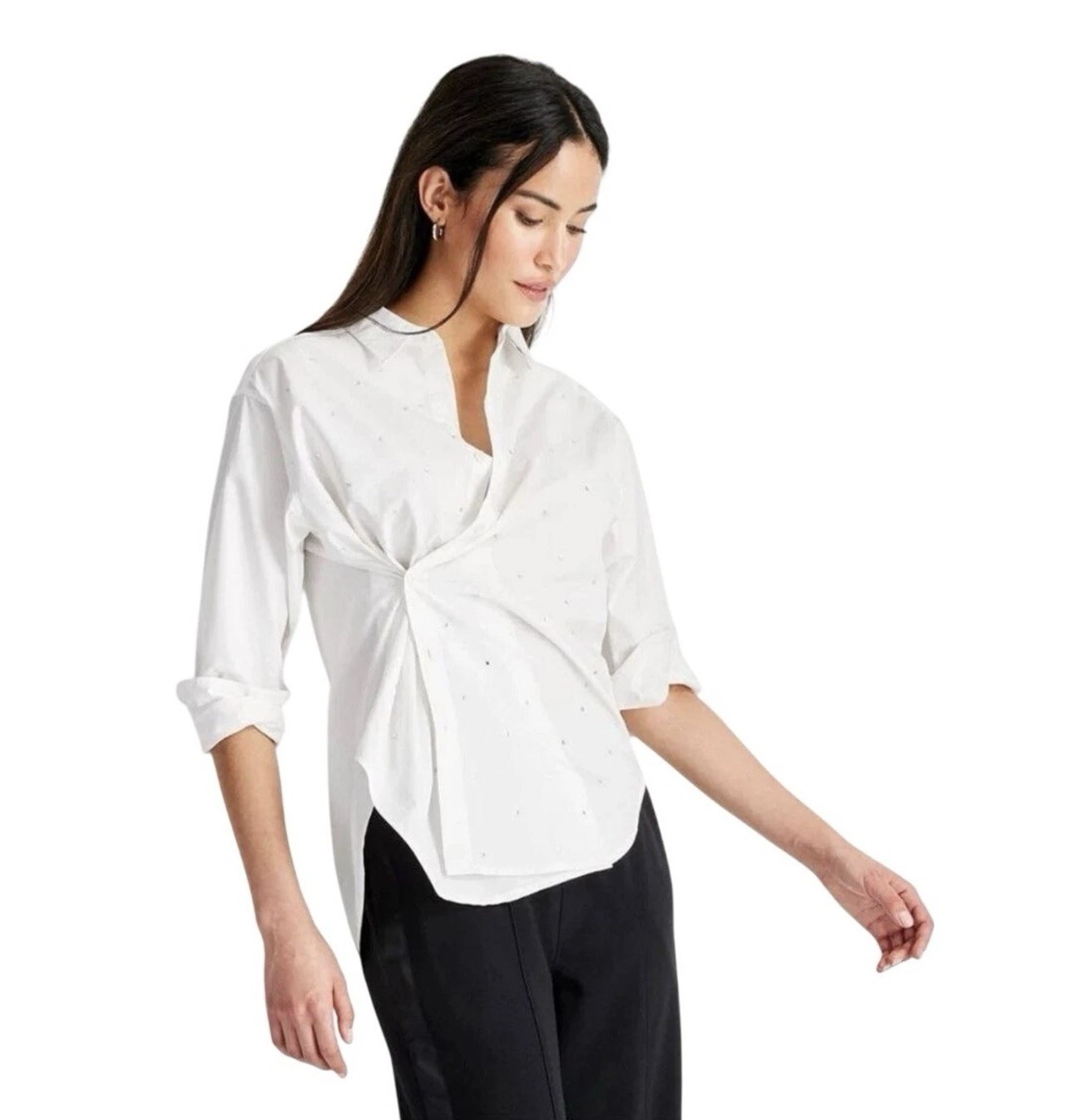 Future Collective White Collared Embellished Asymmetrical Button Down Shirt XS