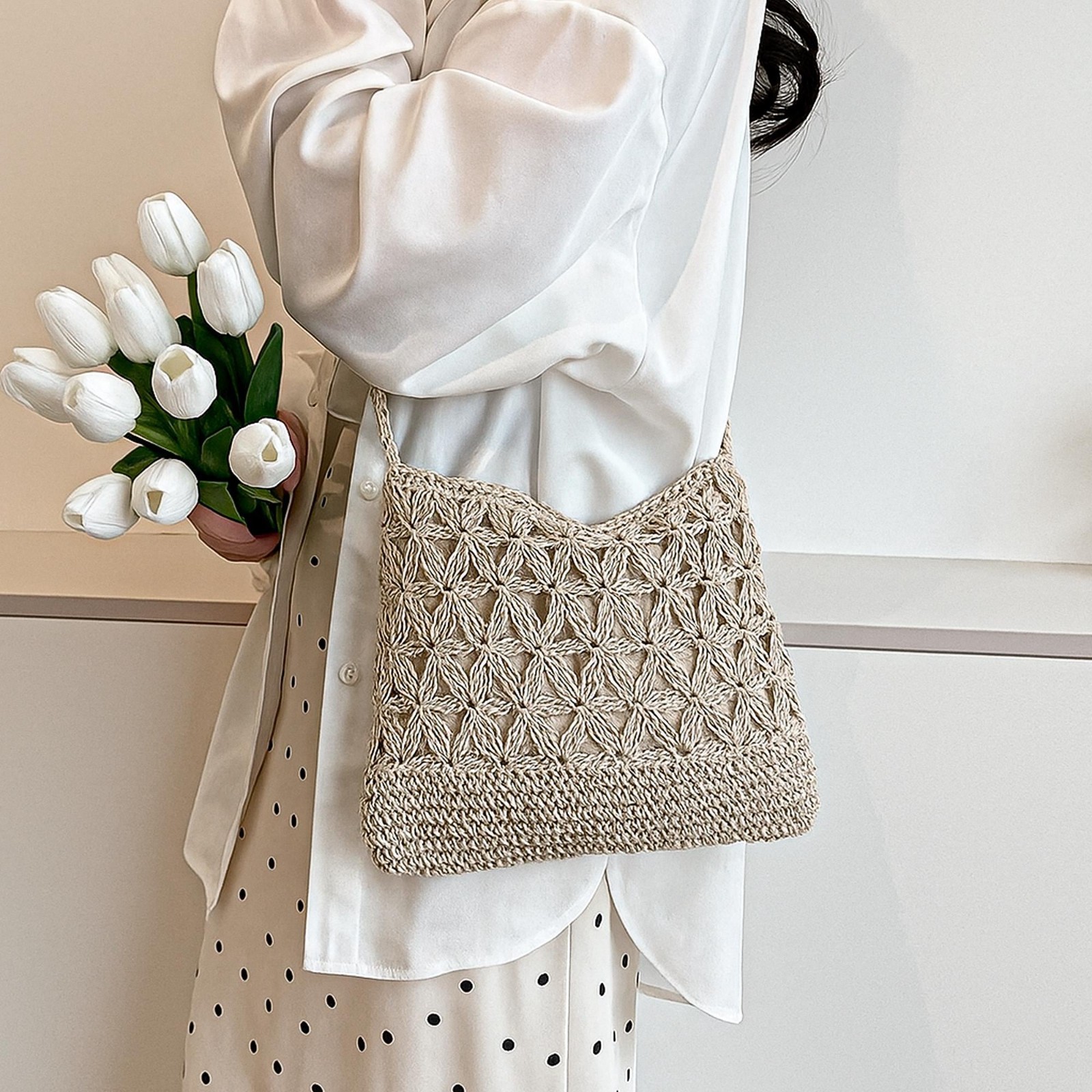 Handmade Straw Crossbody Bag Boho Floral Crochet Shoulder Bag Free Shipping US