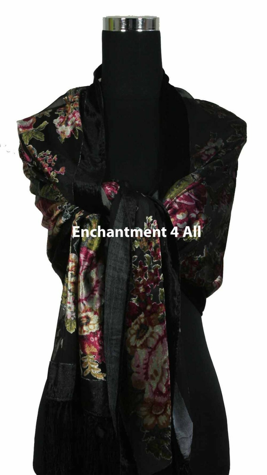 Elegant 100% Silk Burnout Velvet Vintage Floral Oblong Scarf Shawl Wrap, Black
