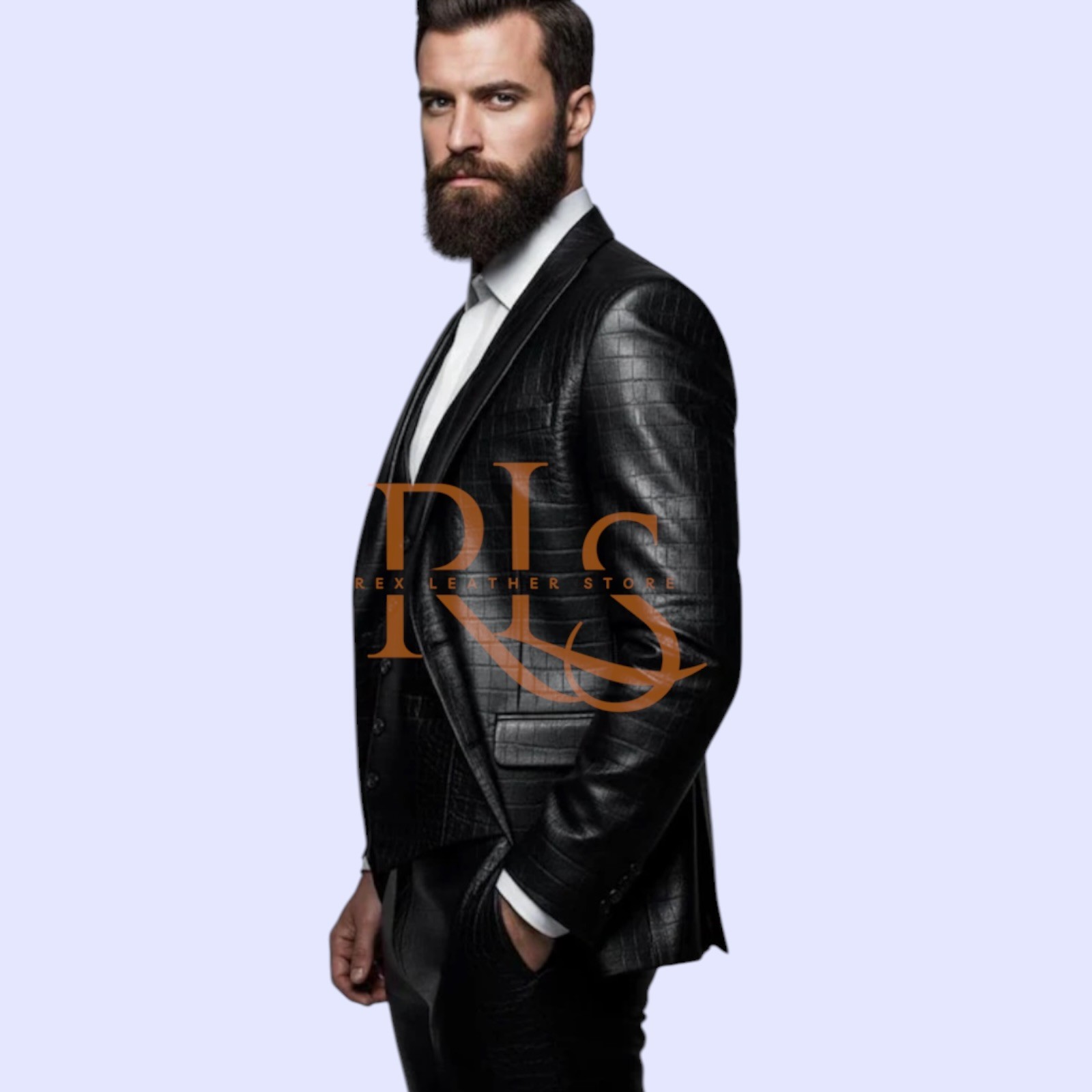 Men’s 3 Piece Black Crocodile Print Leather Set Of Pant, Vest & Coat Causal Set
