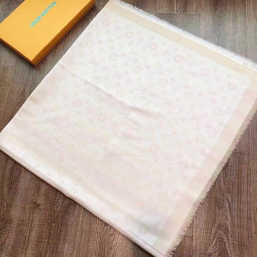 LOUIS VUITTON SCARF SHAWL PONCHO 100% AUTHENTIC CLASSIC SILK BEIGE WHITE