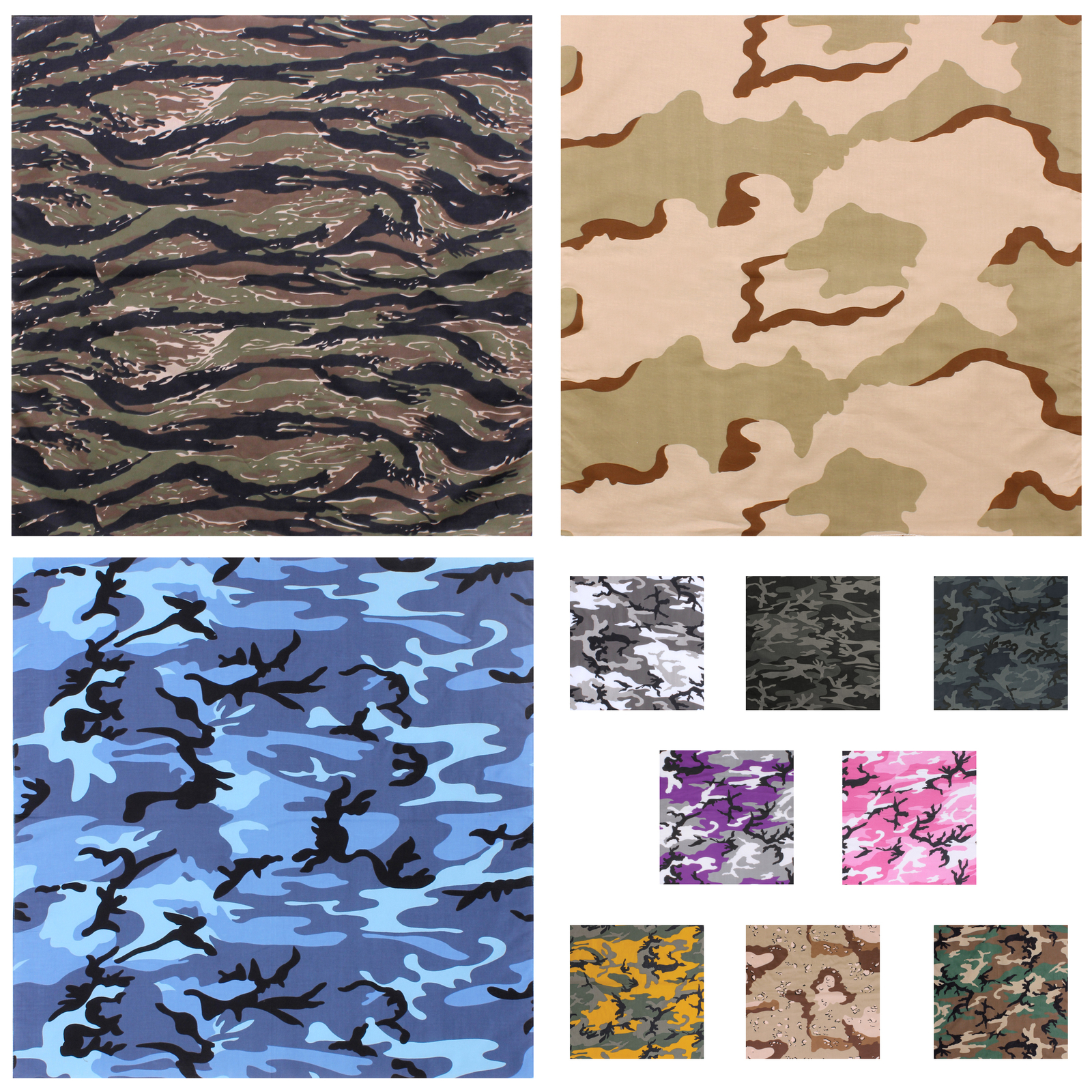 Camo Bandanas – Extra Large 27 x 27 Inch 100% Cotton Biker Headwrap Bandana