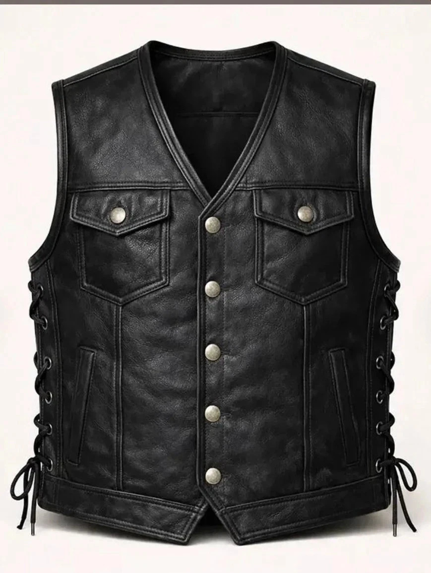 Men’s Black Leather Biker Vest Snap Button Motorcycle Waistcoat Lace Side Adjust