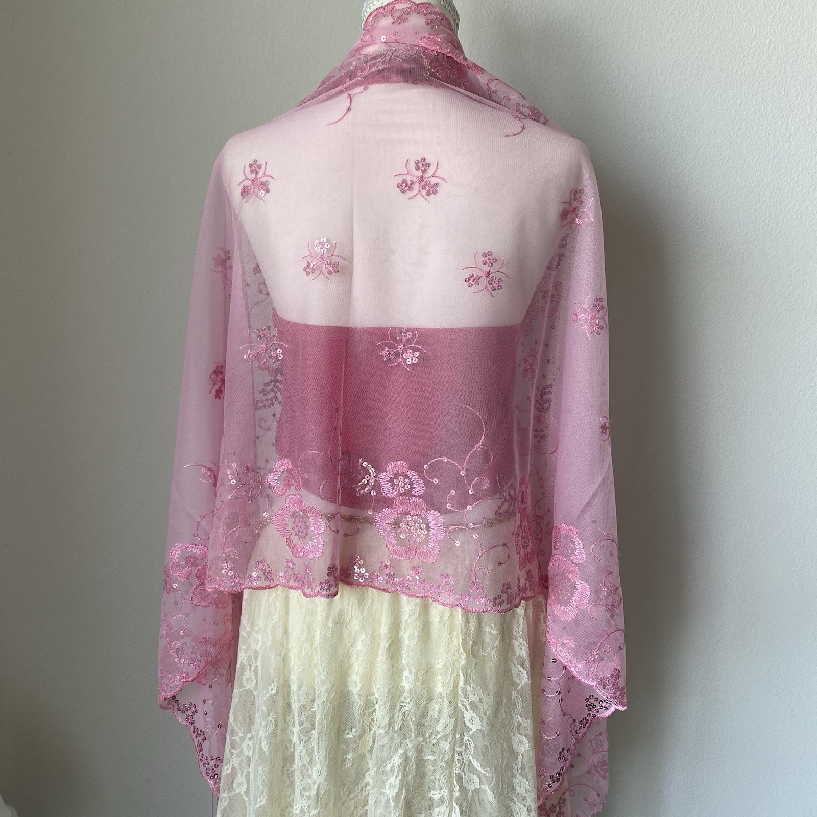 Pink Mesh Sheer Shawl Wrap Floral Embroidered Sequin Women’s Embellished Scarf