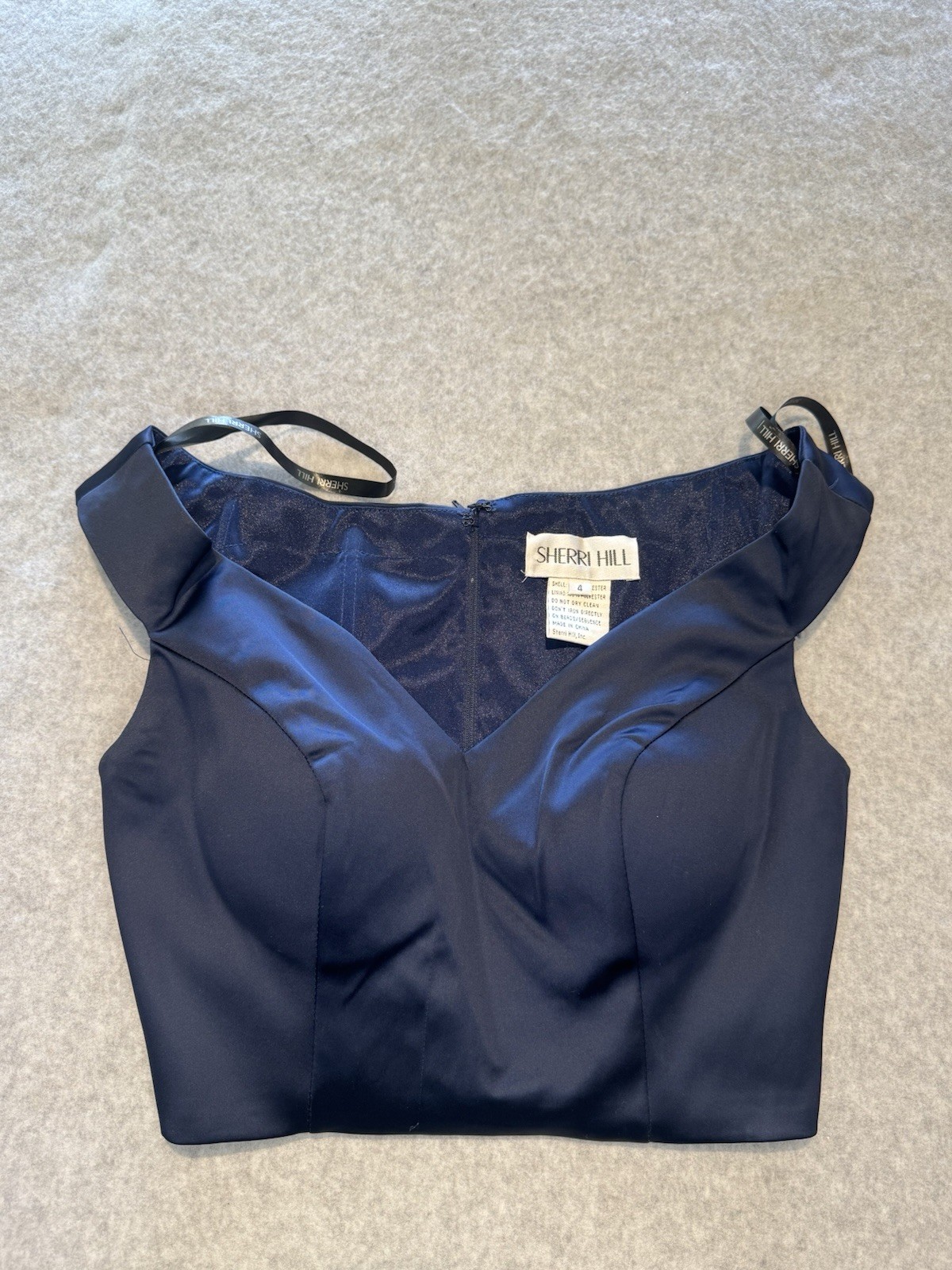 Sherri Hill Navy Satin V-Neck two-piece Maxi Dress Train Lined Zip 4 51251