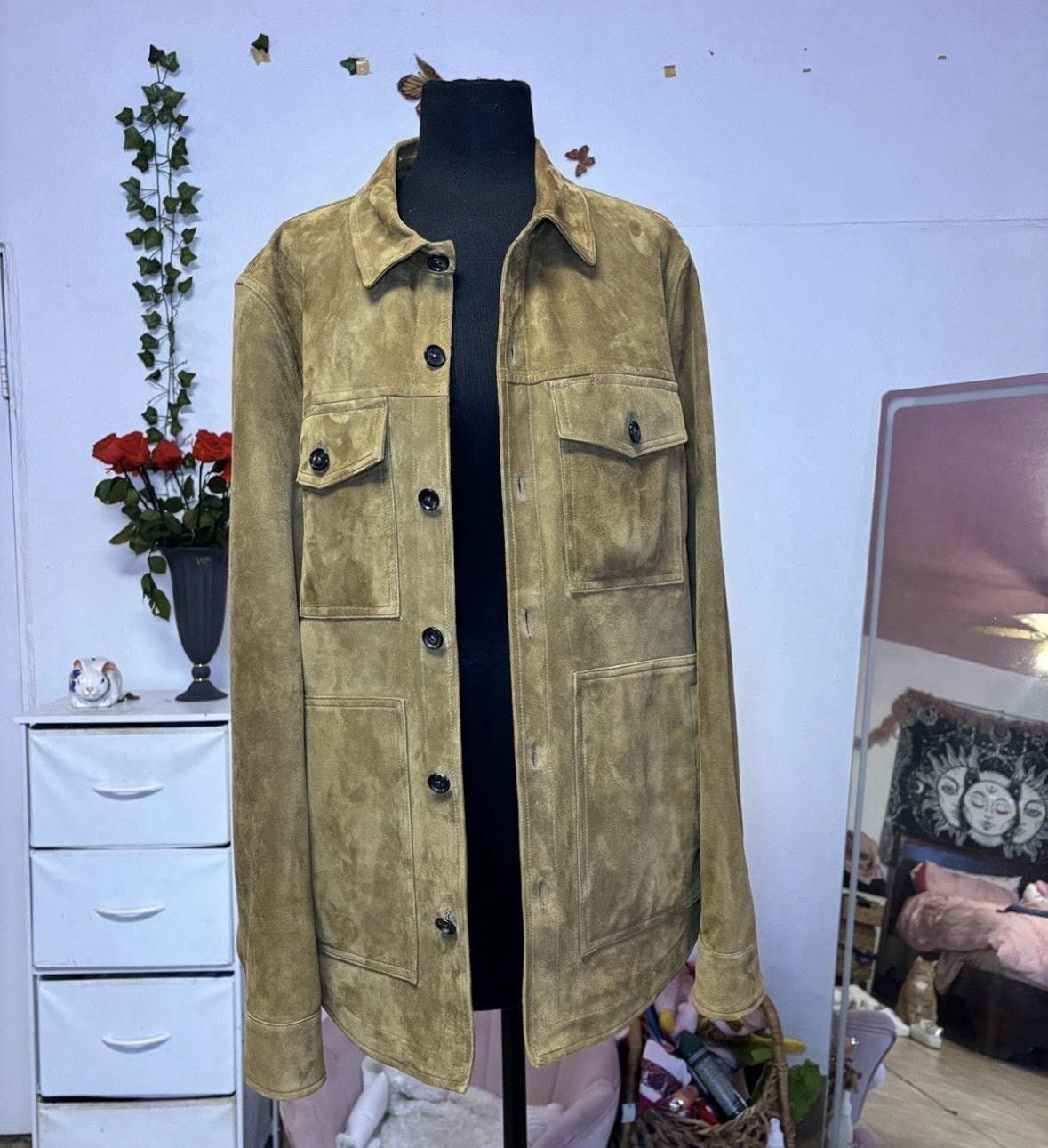 Isaia Beige Lamb Overshirt Jacket Button Spread Collar Lined Solid 50R Men