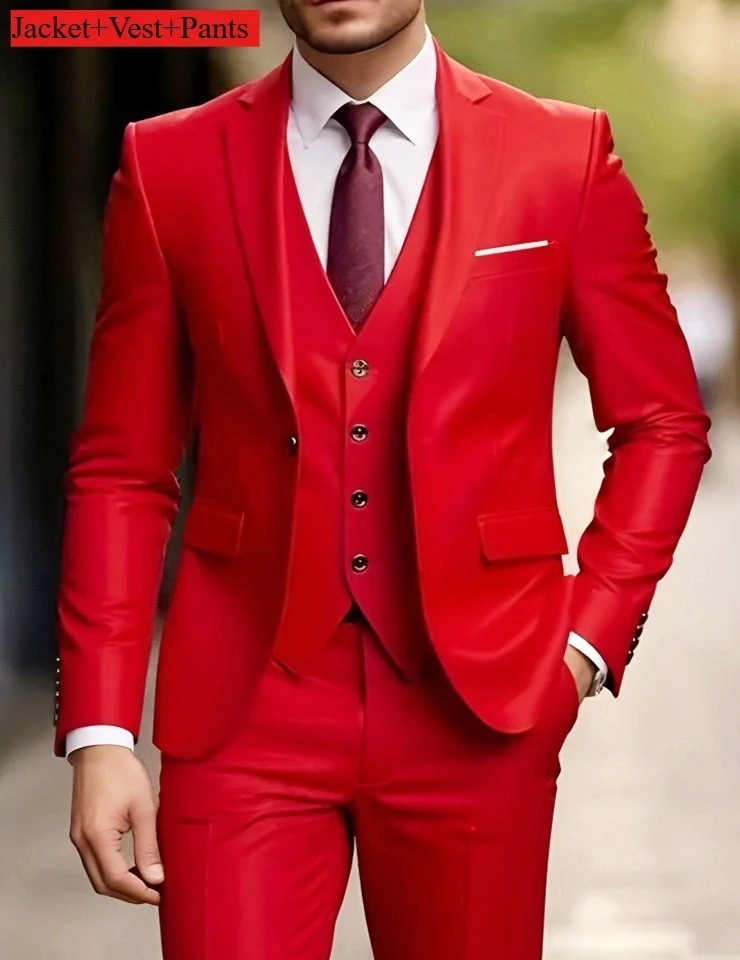 Men’s 3-Piece Slim Fit Suit Set Formal Wedding Business Party Blazer Vest Pant