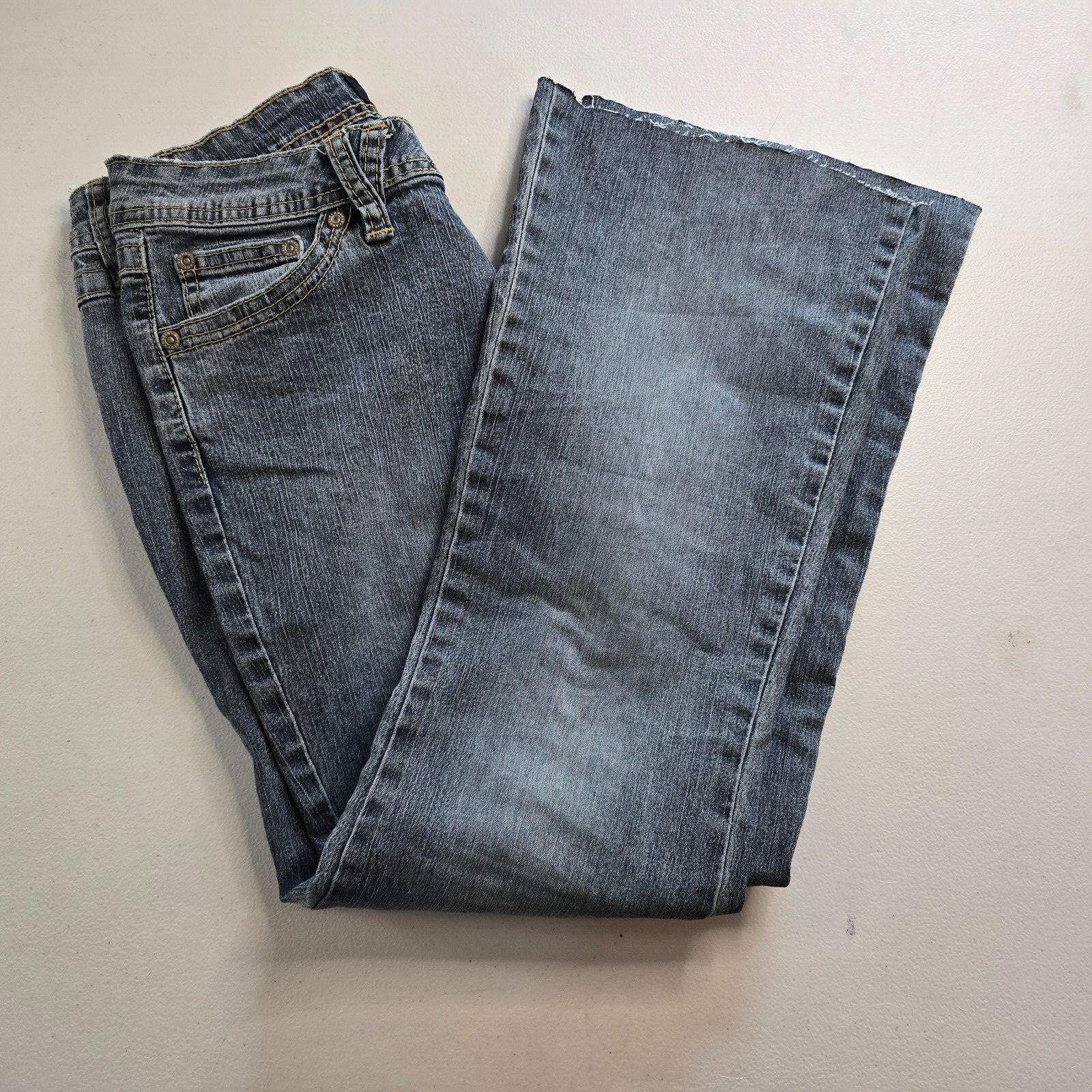 Angels Jeans Juniors 3 / 28 Blue Flare Raw Hem Ankle Embordered Sequin Bejeweled