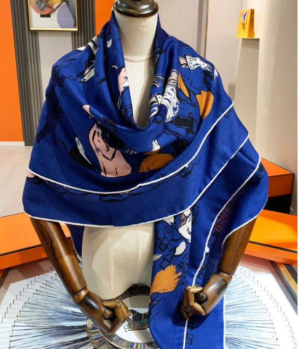 70% Cashmere 30% Silk Bandana Scarf Blue leaf Print Neckerchief Shawl wrap 53”