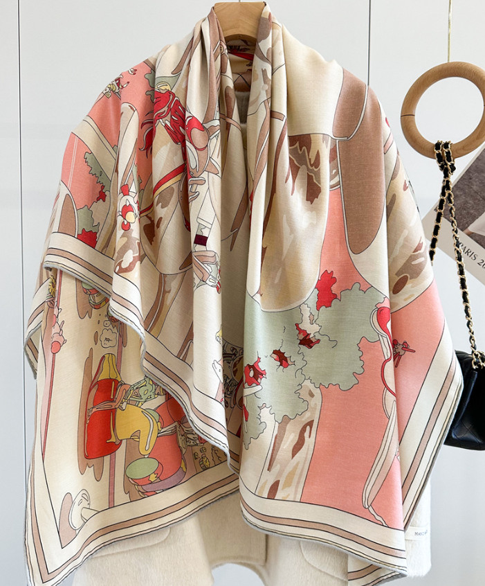 70% Cashmere 30% Silk Wrap Scarf Pink horse Print Double Face Print Shawl 53”