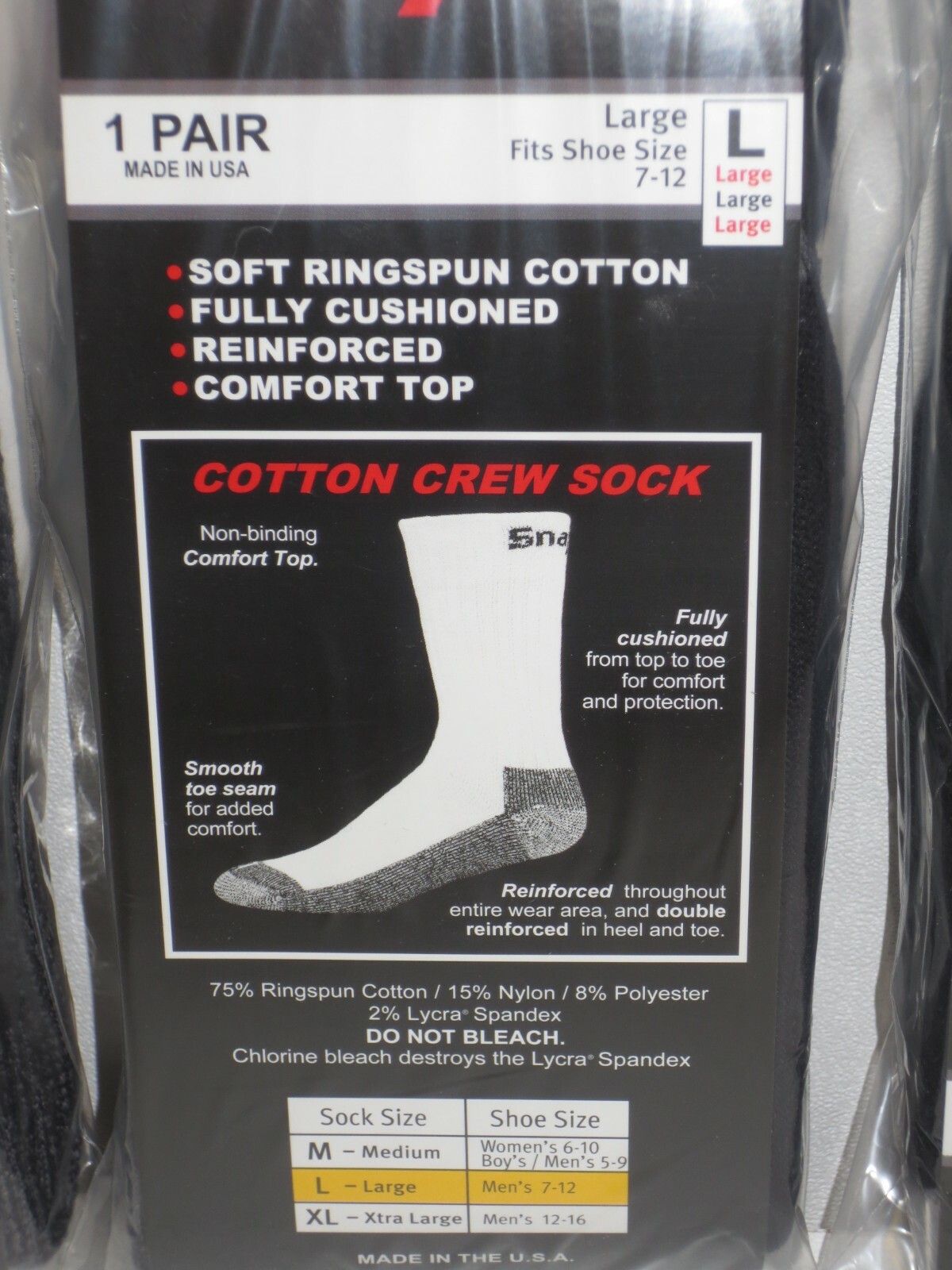 6 PAIRS – Snap-On Crew Socks Men’s BLACK – LARGE ~ FREE SHIP ~ MADE IN USA *NEW*