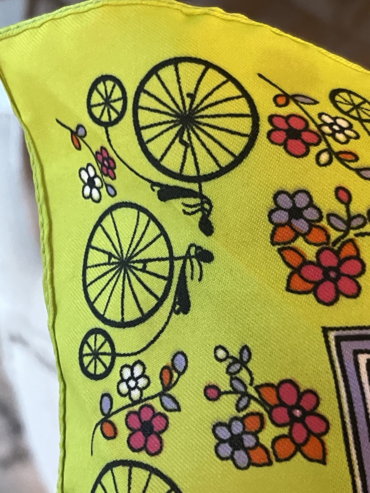 Vintage Italian 1970s Mod Bicycle & Floral Scarf – 19.5″ Square – Orange & Lime