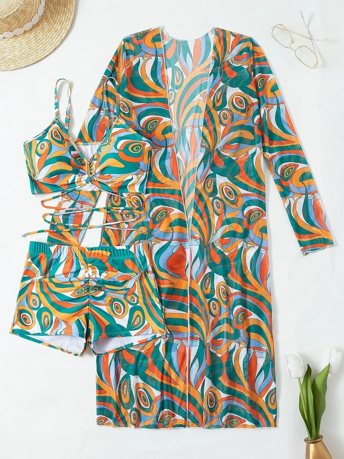 Womens 3 Piece Swimsuit with Mesh Long Sleeve Cover Up Drawstring Bathing Suits