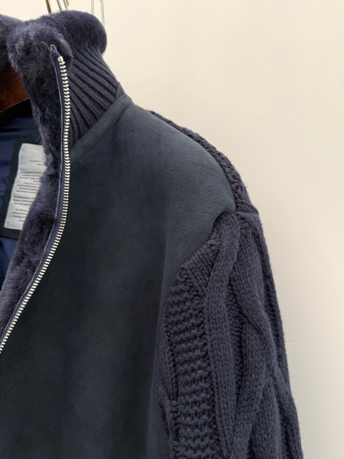 Brunello Cucinelli Men’s Navy Leather Bomber Jacket Full Zip Cable Sleeves 50