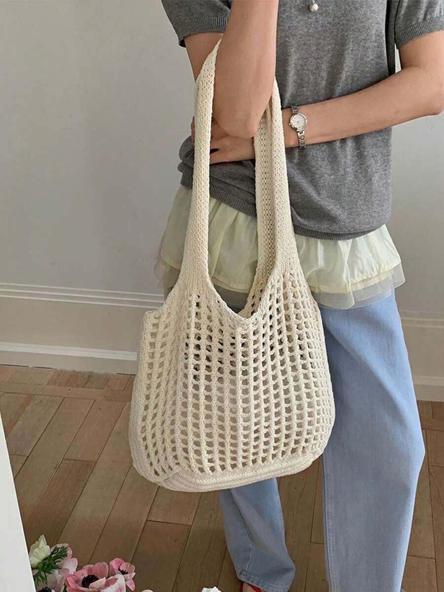 Crochet Woven Shopping Bag Hollow Out Beach Vacation Tote Foldable Mesh Bag
