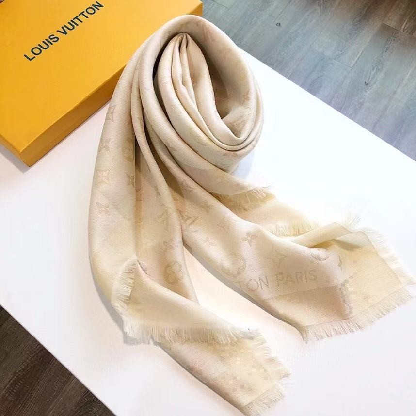LOUIS VUITTON SCARF SHAWL PONCHO 100% AUTHENTIC CLASSIC SILK BEIGE WHITE