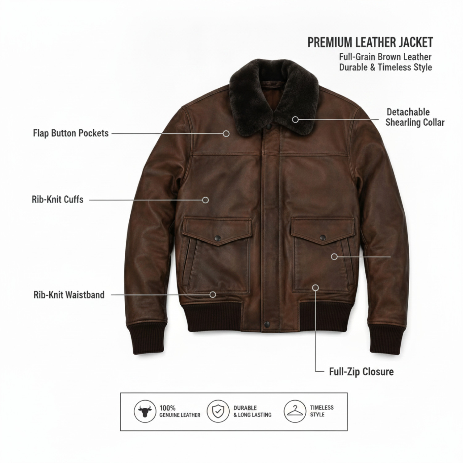 Mens Brown Real Leather Bomber Jacket G-1 Flight Pilot Winter Coat Fur Collar