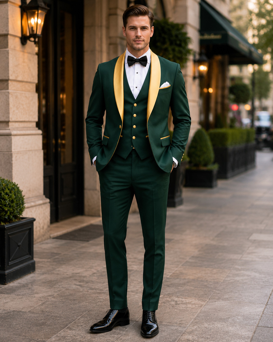 Men Emerald Green Gold 3 Piece Tuxedo Suit Wedding Groom Prom Formal Party Wear