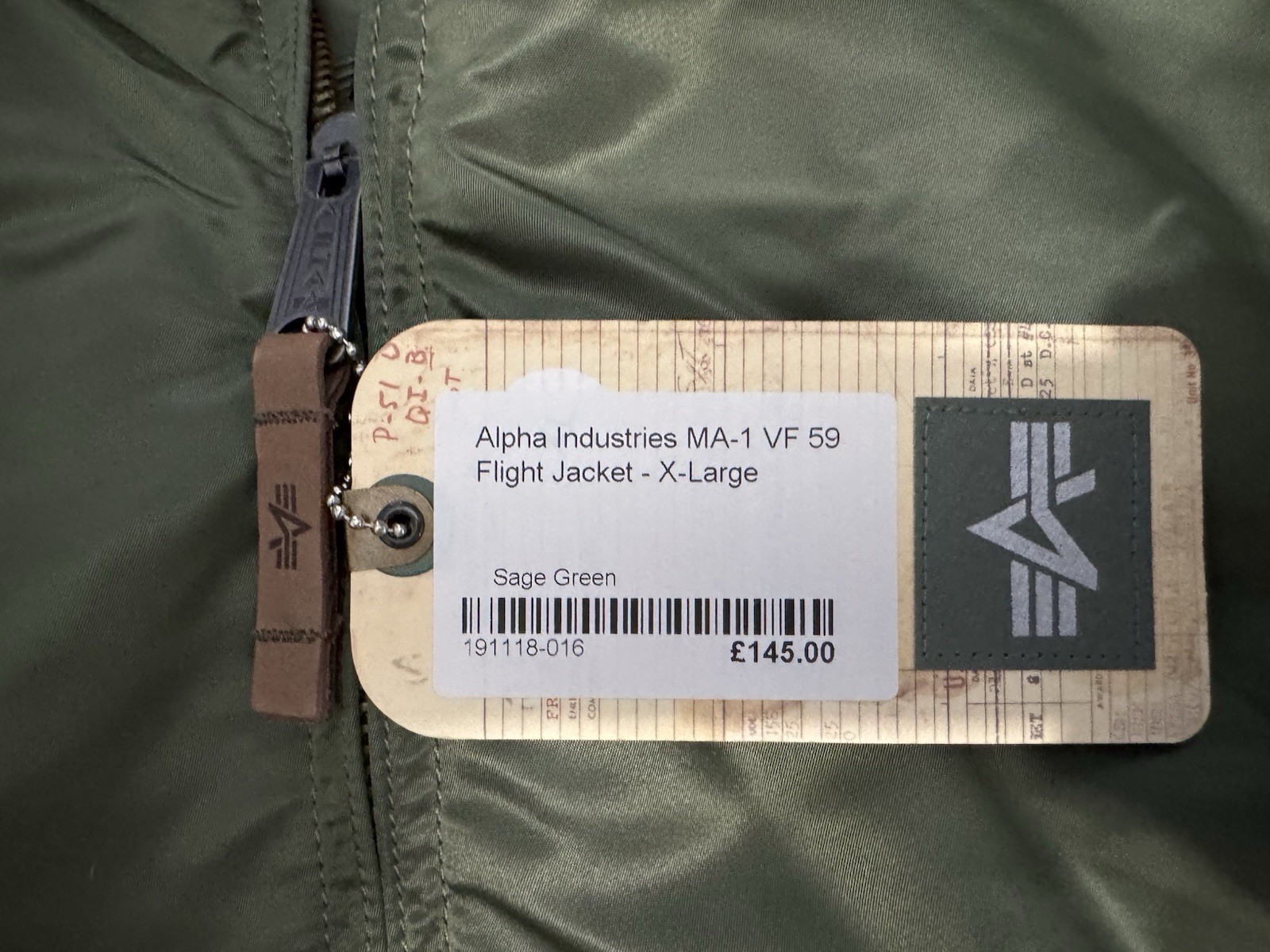 Alpha Industries MA-1 Bomber Flight Jacket / VF59 Fit (Slim) / Sage Green / XL