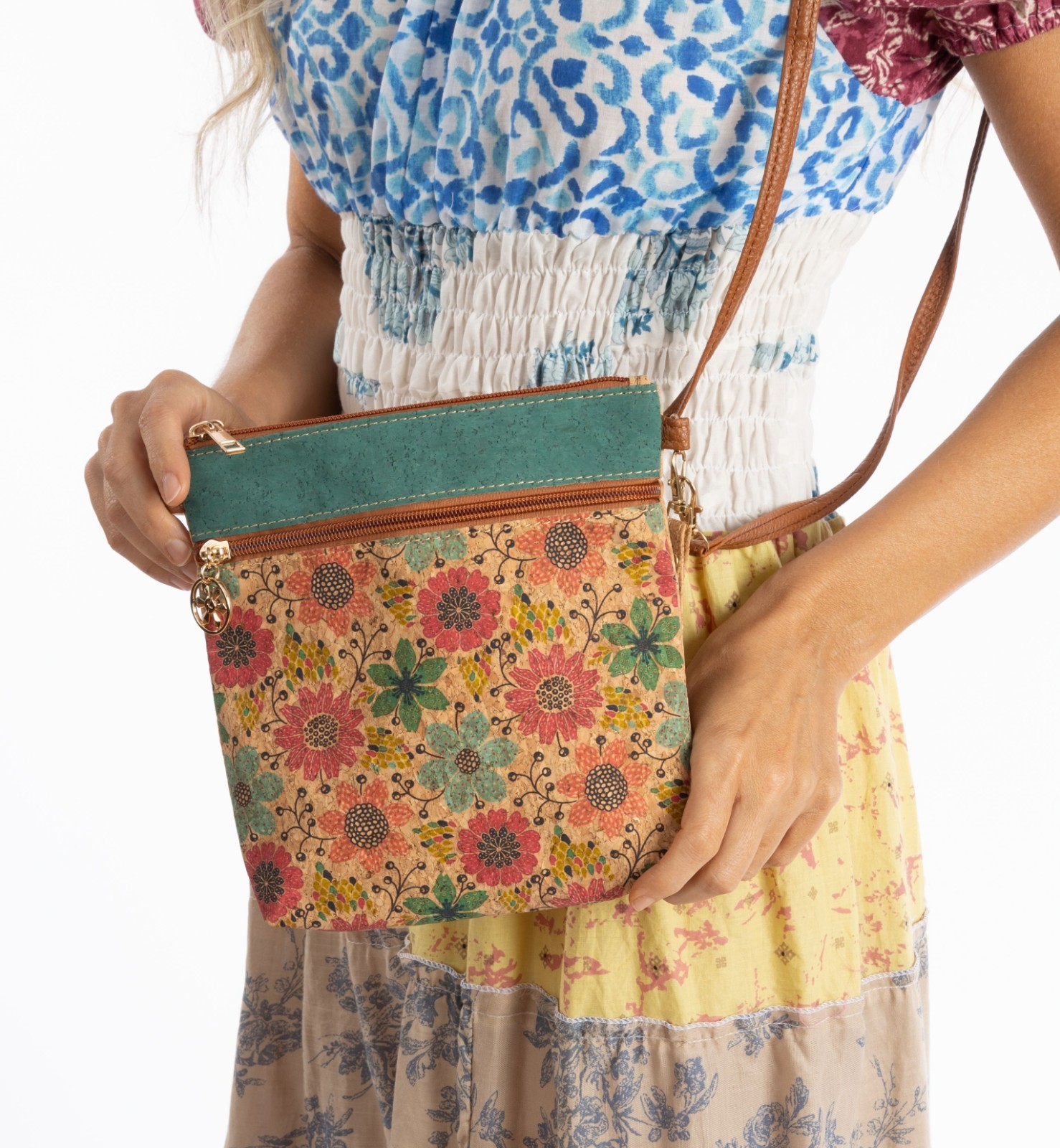Crossbody Vertical Eco-Friendly Cork Bag, Double Zipper Pockets.