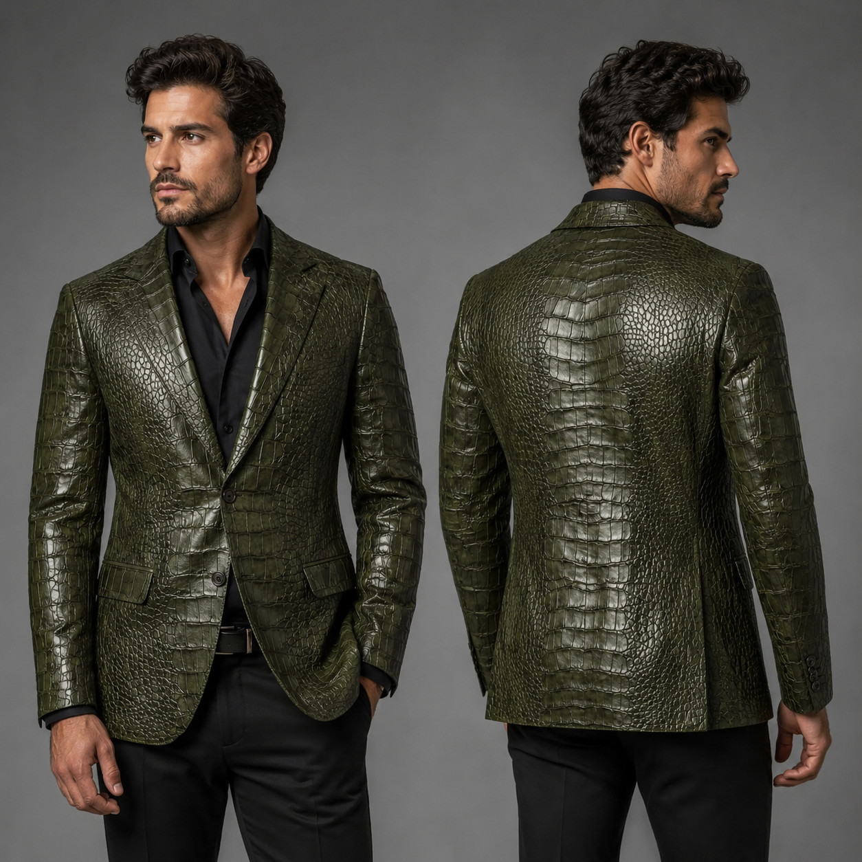 Men’s Olive Green Crocodile Embossed Leather Jacket | Alligator Print party coat