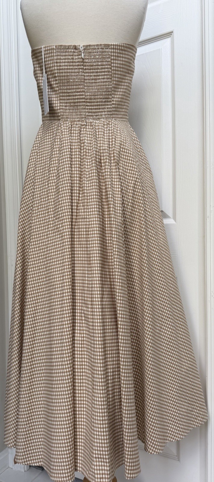 $278 NWT Reformation SZ 10 Strapless Astoria Dress Camel Ivory Anzo Check Tulle