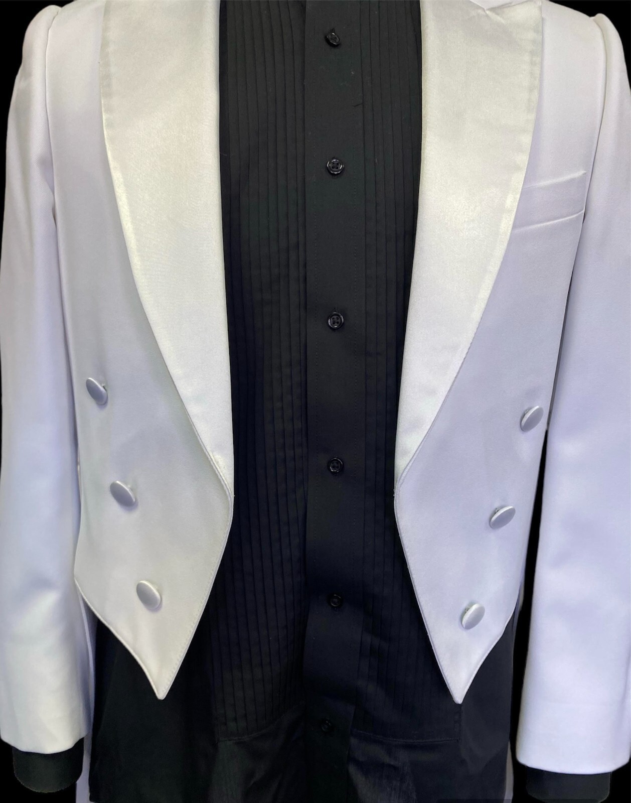Men’s White Tuxedo Tailcoat with Satin Lapels- Easy Care Wedding Prom Black Tie