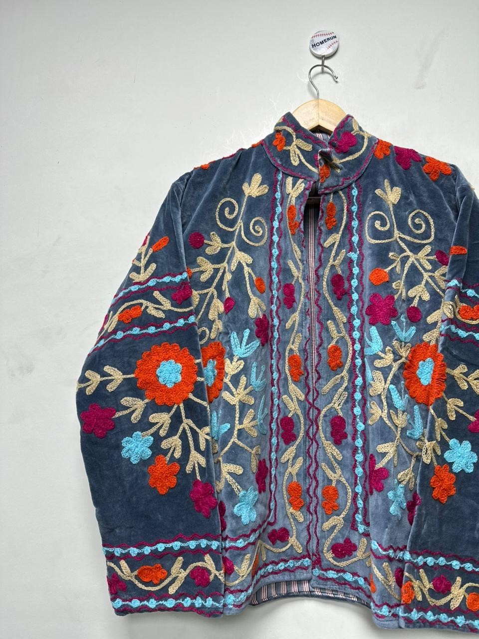 Blue Velvet Suzani Embroidered Jacket Floral Women Boho Festival Statement Coat