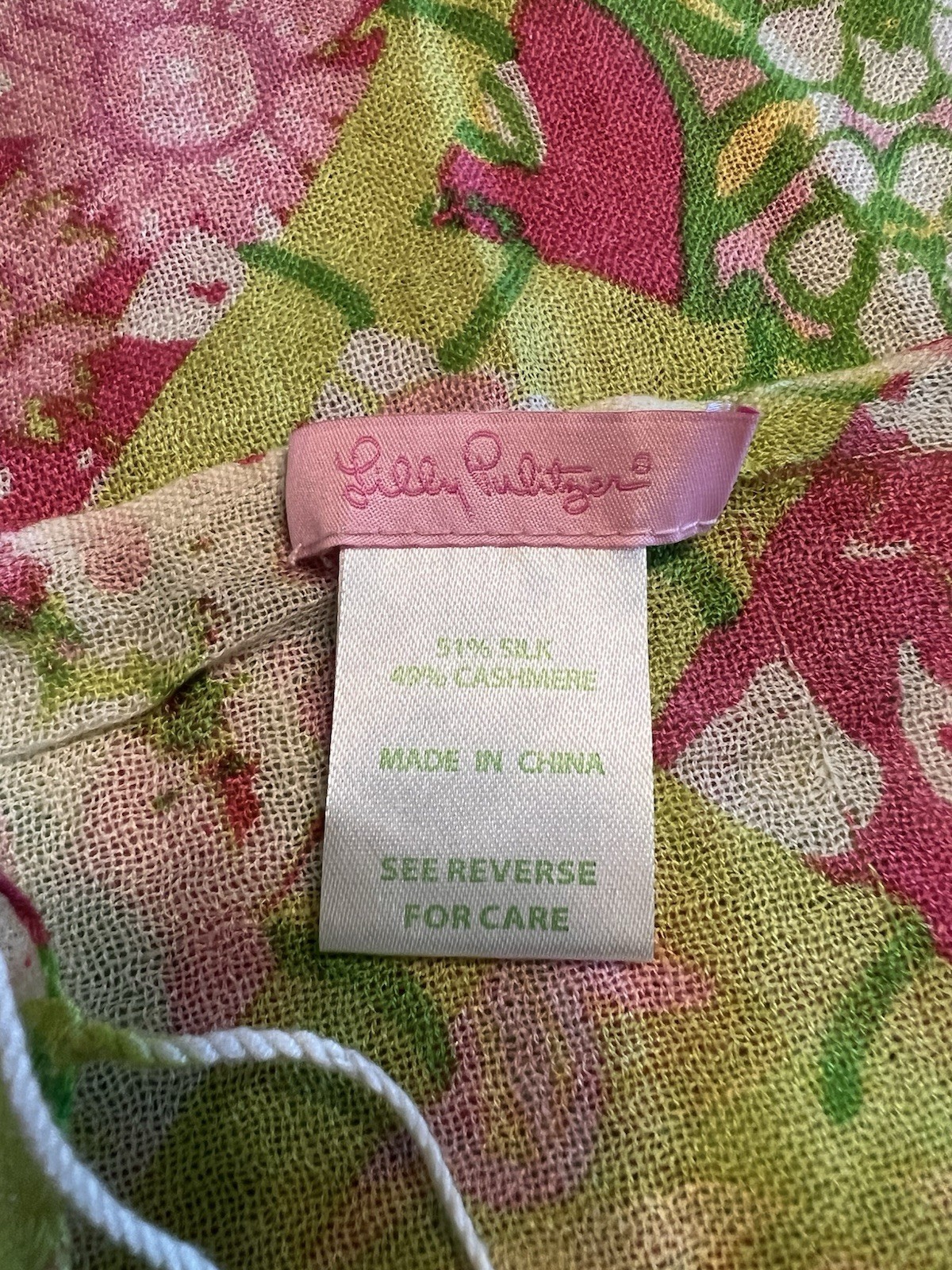 Lilly Pulitzer Murfee Scarf Sunshine Hibiscus Lime & Pink Silk/Cashmere blend