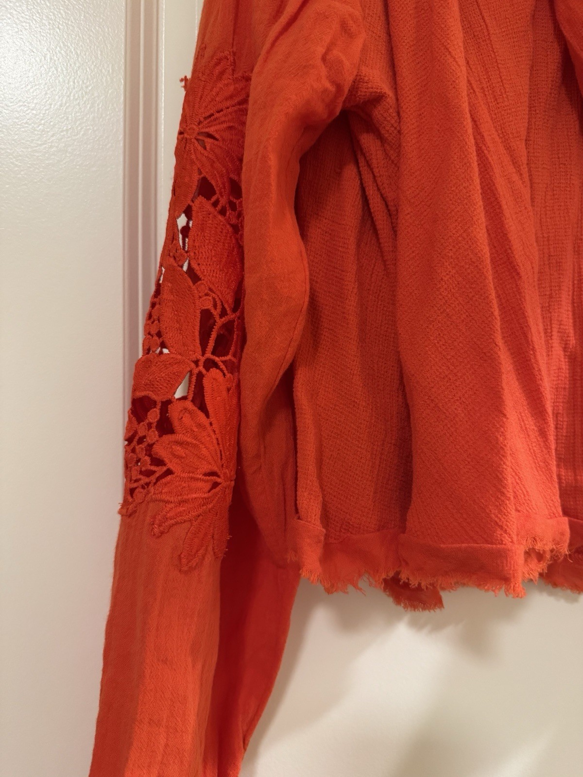 Free People Orange Knit Hoodie XS 100% Cotton V-Neck Hooded Cropped Tassel