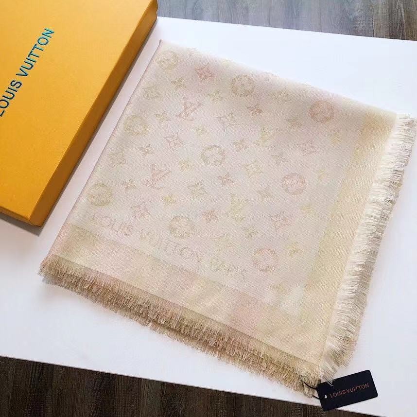 LOUIS VUITTON SCARF SHAWL PONCHO 100% AUTHENTIC CLASSIC SILK BEIGE WHITE