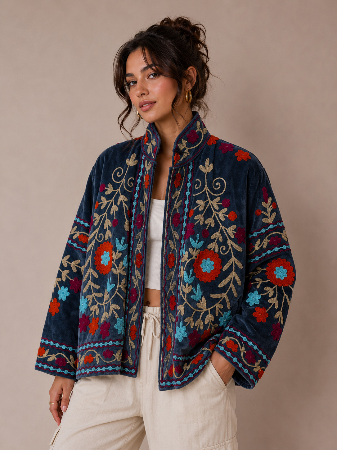 Blue Velvet Suzani Embroidered Jacket Floral Women Boho Festival Statement Coat