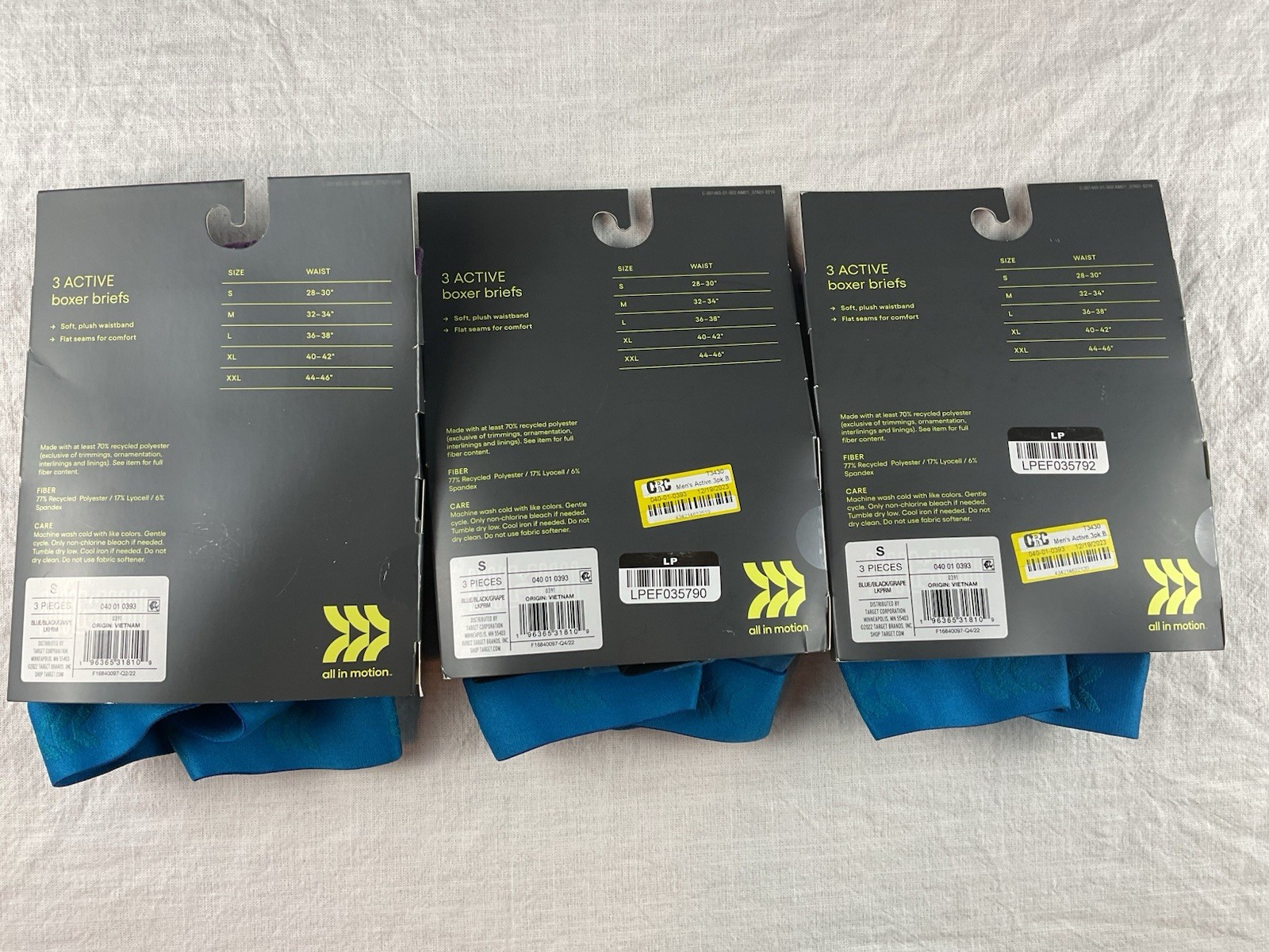 3 Packs Men’s All In Motion Active Boxer Briefs Odor Resistant Size Small 28-30